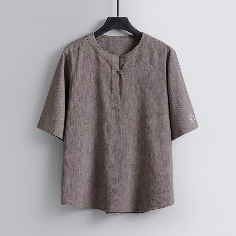 Buddha Stones Letnie koszule męskie w stylu Tang, z okrągłym dekoltem i krótkim rękawem, w stylu casual Pankou - Dębnik - US/UK/AU54， EU64 (9XL) - image 0