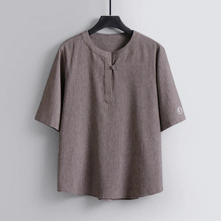 Buddha Stones Letnie koszule męskie w stylu Tang, z okrągłym dekoltem i krótkim rękawem, w stylu casual Pankou - Dębnik - US/UK/AU54， EU64 (9XL) - image 0
