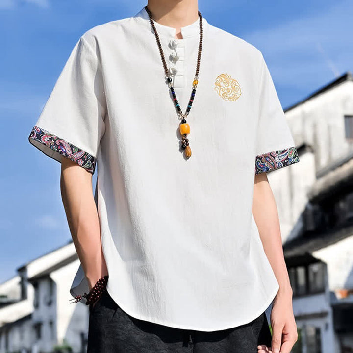 Buddha Stones Letnie koszule męskie z krótkim rękawem w stylu Tang, z haftem żabki i guzikami - image 32