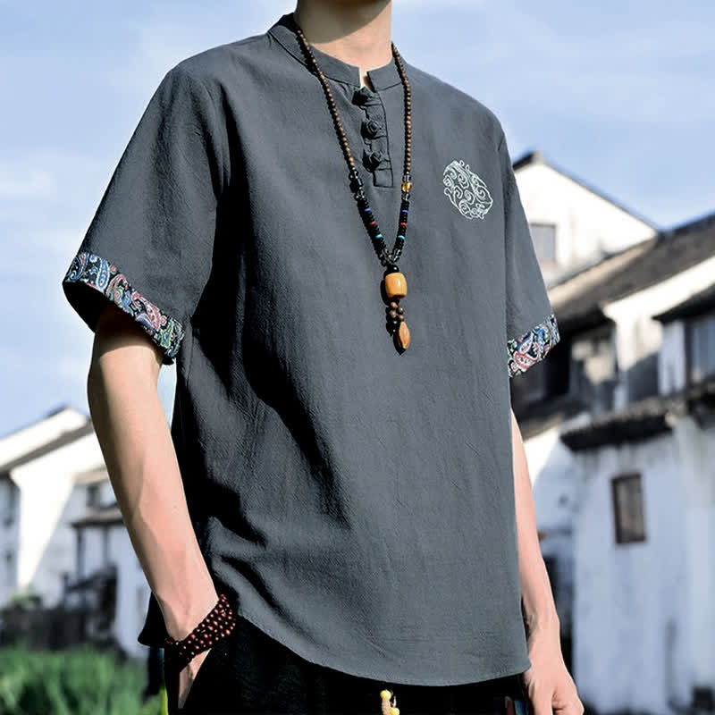 Buddha Stones Letnie koszule męskie z krótkim rękawem w stylu Tang, z haftem żabki i guzikami - image 2