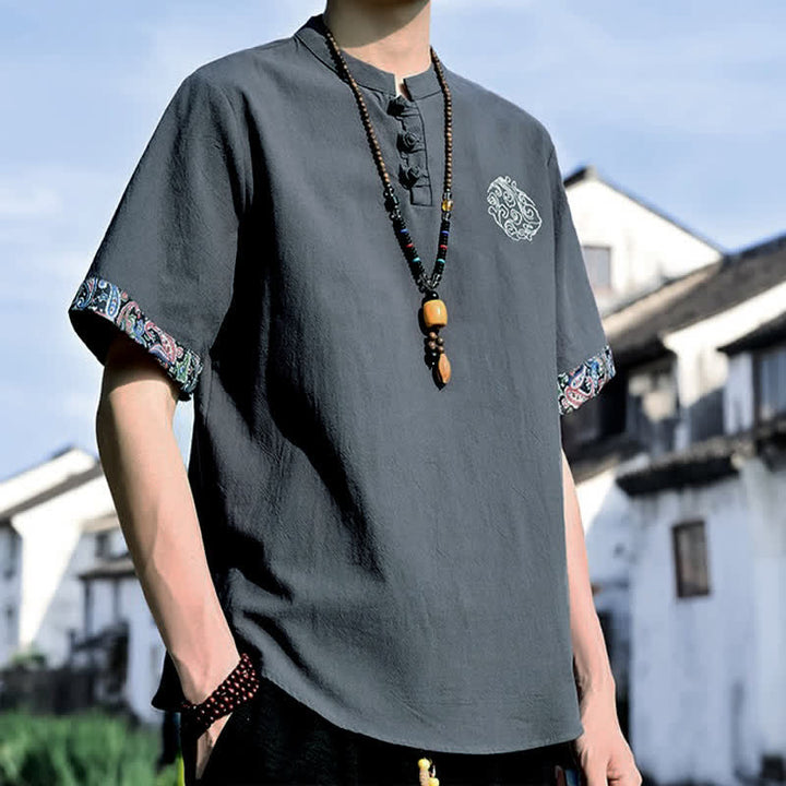 Buddha Stones Letnie koszule męskie z krótkim rękawem w stylu Tang, z haftem żabki i guzikami - image 2