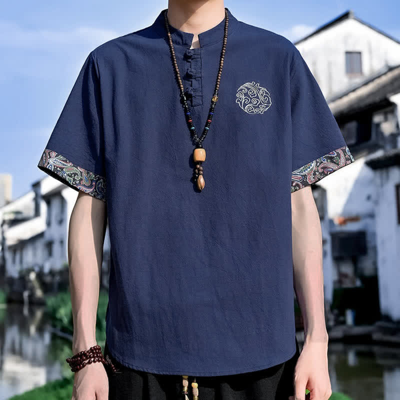 Buddha Stones Letnie koszule męskie z krótkim rękawem w stylu Tang, z haftem żabki i guzikami - image 19