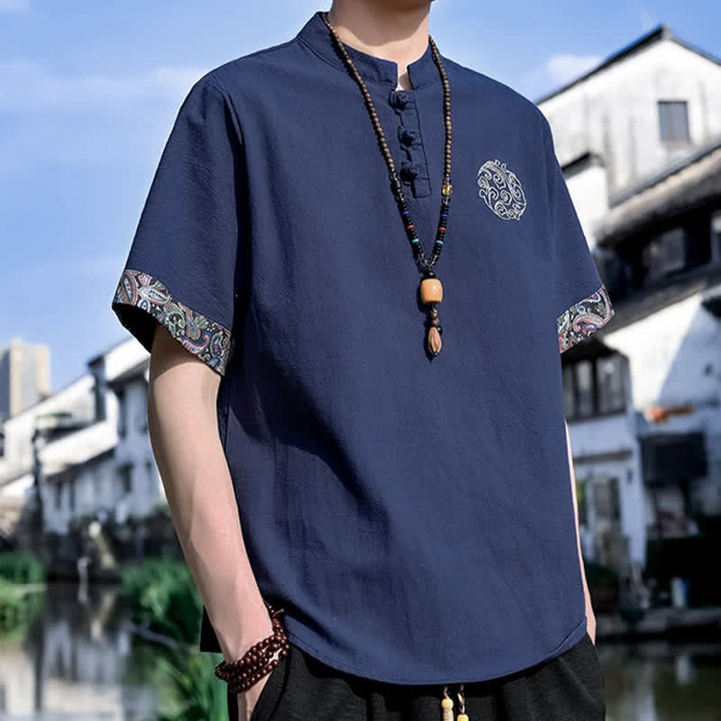 Buddha Stones Letnie koszule męskie z krótkim rękawem w stylu Tang, z haftem żabki i guzikami - image 14