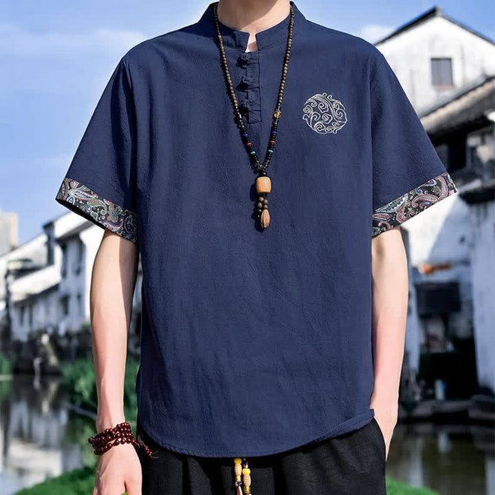 Buddha Stones Letnie koszule męskie z krótkim rękawem w stylu Tang, z haftem żabki i guzikami - Ciemnoniebieski - US/UK/AU46, EU56 (5XL) - image 13