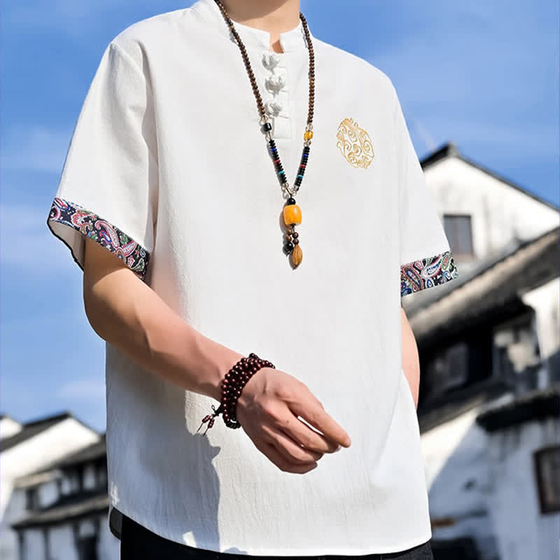 Buddha Stones Letnie koszule męskie z krótkim rękawem w stylu Tang, z haftem żabki i guzikami - image 31