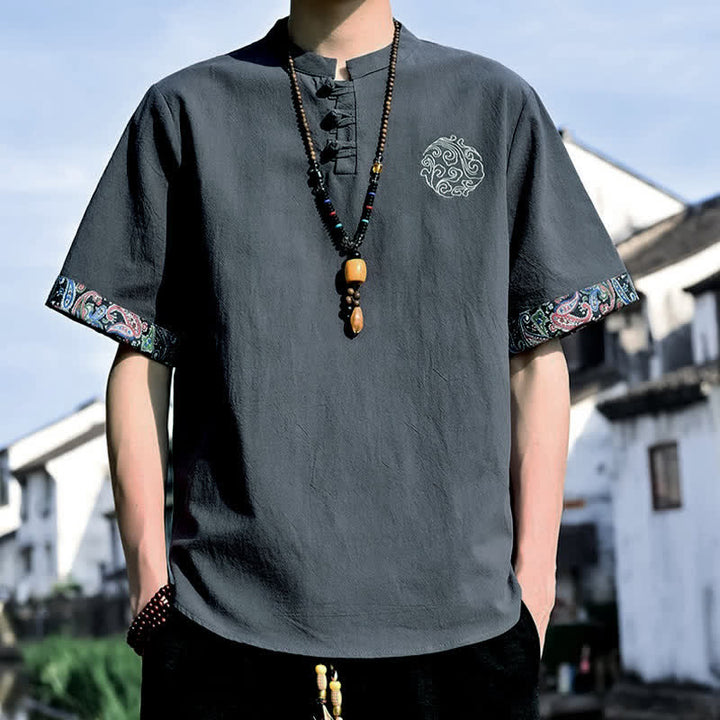 Buddha Stones Letnie koszule męskie z krótkim rękawem w stylu Tang, z haftem żabki i guzikami - DimGray - US/UK/AU46, EU56 (5XL) - image 1