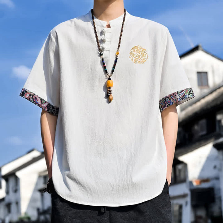 Buddha Stones Letnie koszule męskie z krótkim rękawem w stylu Tang, z haftem żabki i guzikami - image 33