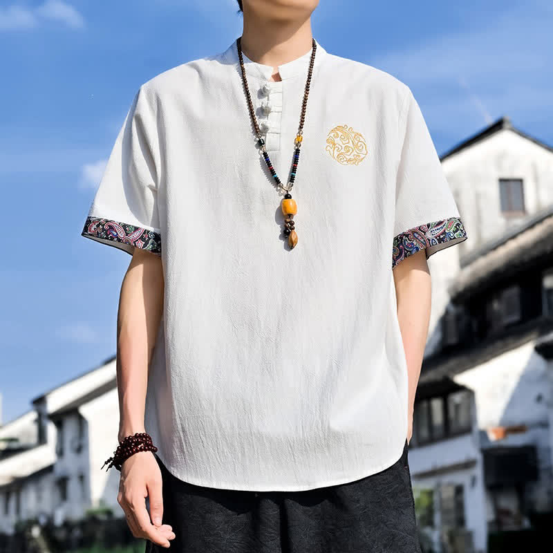 Buddha Stones Letnie koszule męskie z krótkim rękawem w stylu Tang, z haftem żabki i guzikami - Biały - US/UK/AU46, EU56 (5XL) - image 27