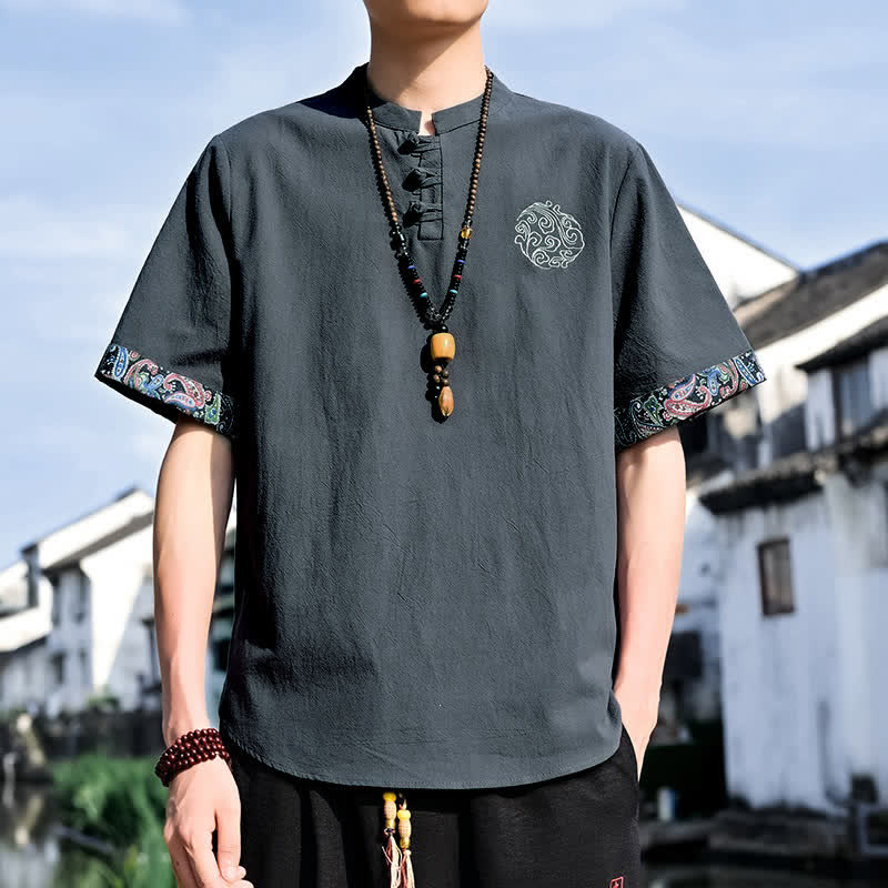 Buddha Stones Letnie koszule męskie z krótkim rękawem w stylu Tang, z haftem żabki i guzikami - Czarny - US/UK/AU46, EU56 (5XL) - image 0