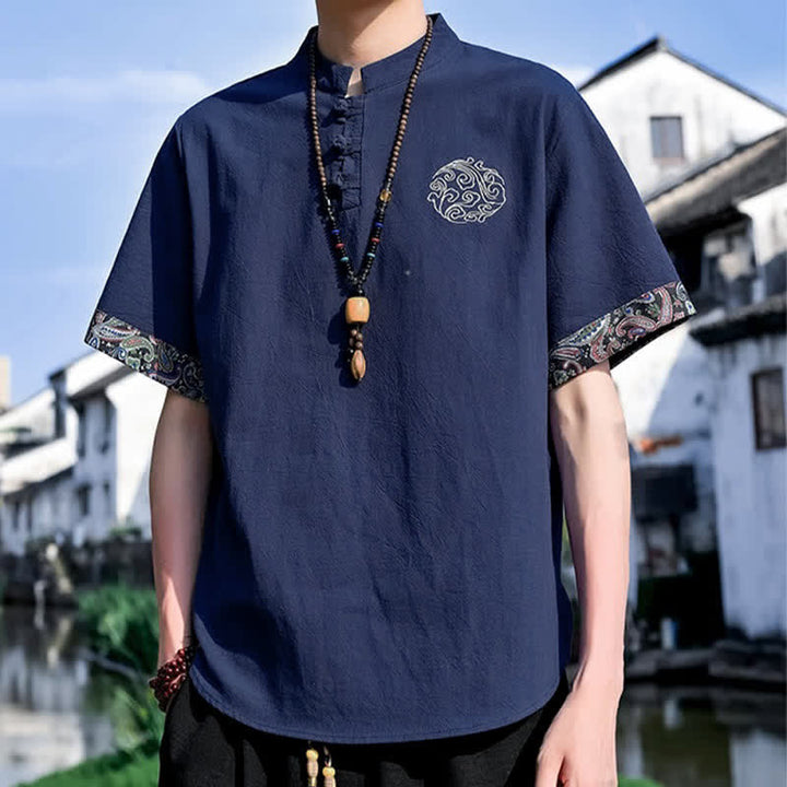 Buddha Stones Letnie koszule męskie z krótkim rękawem w stylu Tang, z haftem żabki i guzikami - image 15