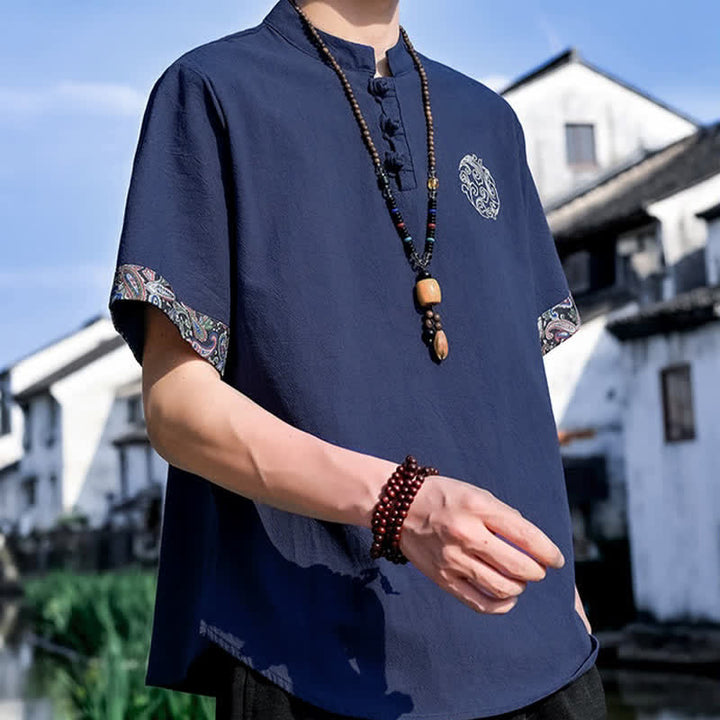Buddha Stones Letnie koszule męskie z krótkim rękawem w stylu Tang, z haftem żabki i guzikami - image 18
