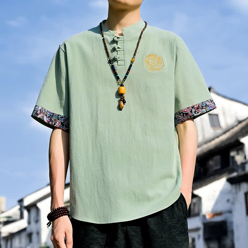Buddha Stones Letnie koszule męskie z krótkim rękawem w stylu Tang, z haftem żabki i guzikami - Jasnozielony - US/UK/AU46, EU56 (5XL) - image 20