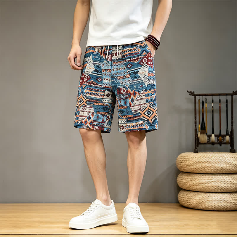 Szorty męskie Buddha Stones Summer Casual Boho ze ściągaczem i geometrycznym wzorem i kieszeniami - Stalowoniebieski - US/UK/AU46, EU56 (5XL) - image 0