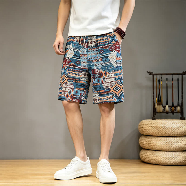 Szorty męskie Buddha Stones Summer Casual Boho ze ściągaczem i geometrycznym wzorem i kieszeniami - Stalowoniebieski - US/UK/AU46, EU56 (5XL) - image 0