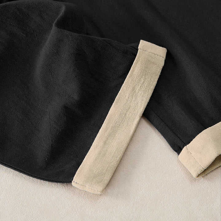 Buddha Stones Spodnie damskie z elastycznej talii z kieszeniami, z bawełny i lnu, z minimalistycznym kontrastowym wzorem - image 8
