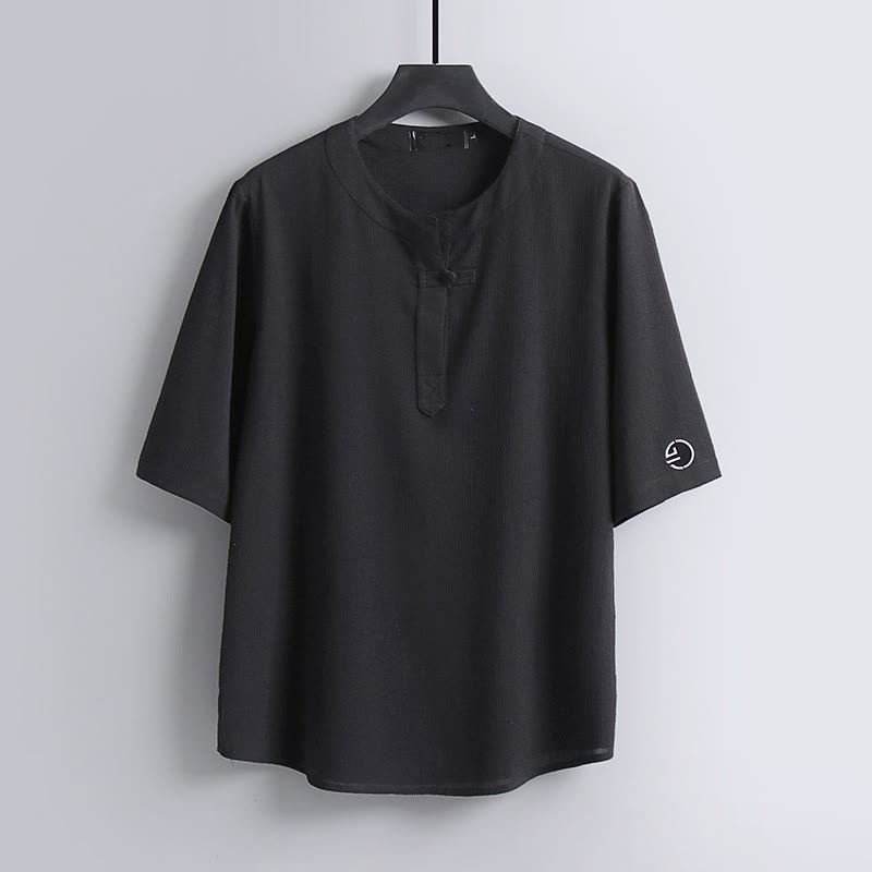 Buddha Stones Letnie koszule męskie w stylu Tang, z okrągłym dekoltem i krótkim rękawem, w stylu casual Pankou - Czarny - US/UK/AU54， EU64 (9XL) - image 11