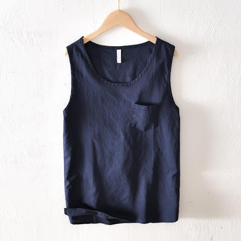 Buddha Stones Letni, swobodny, minimalistyczny, jednolity top męski bez rękawów z kieszenią naszywaną - MidnightBlue - US/UK/AU42, EU52 (3XL) - image 0