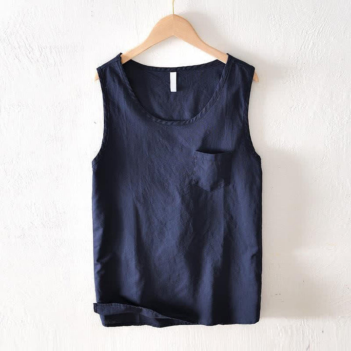 Buddha Stones Letni, swobodny, minimalistyczny, jednolity top męski bez rękawów z kieszenią naszywaną - MidnightBlue - US/UK/AU42, EU52 (3XL) - image 0
