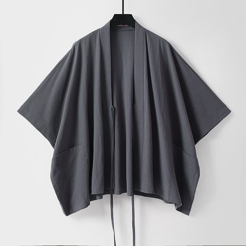 Buddha Stones Letnie, minimalistyczne, sznurowane, męskie kimono z krótkim rękawem i kieszeniami - image 1
