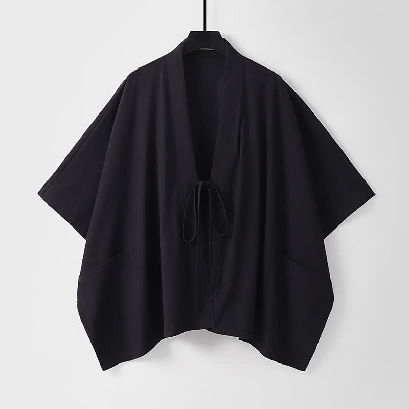 Buddha Stones Letnie, minimalistyczne, sznurowane, męskie kimono z krótkim rękawem i kieszeniami - Czarny - US/UK/AU40, EU50 (L) - image 2