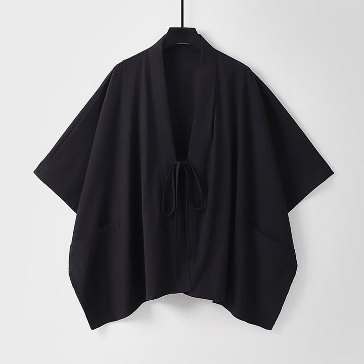 Buddha Stones Letnie, minimalistyczne, sznurowane, męskie kimono z krótkim rękawem i kieszeniami - Czarny - US/UK/AU40, EU50 (L) - image 2