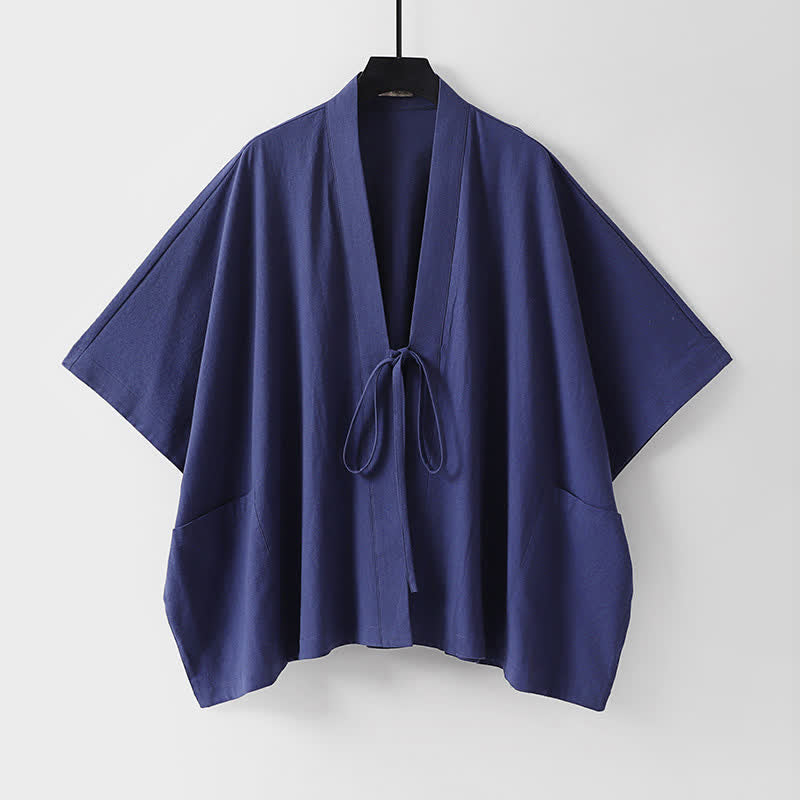 Buddha Stones Letnie, minimalistyczne, sznurowane, męskie kimono z krótkim rękawem i kieszeniami - DarkSlateBlue - US/UK/AU40, EU50 (L) - image 4