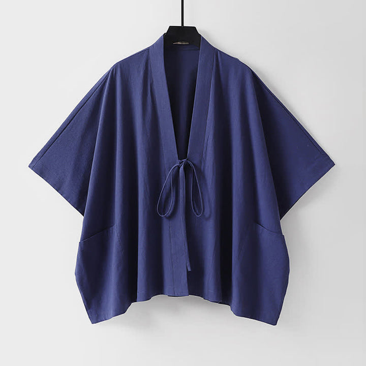 Buddha Stones Letnie, minimalistyczne, sznurowane, męskie kimono z krótkim rękawem i kieszeniami - DarkSlateBlue - US/UK/AU40, EU50 (L) - image 4
