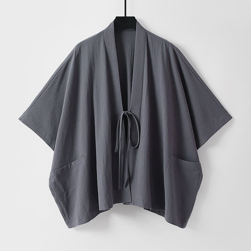 Buddha Stones Letnie, minimalistyczne, sznurowane, męskie kimono z krótkim rękawem i kieszeniami - DimGray - US/UK/AU40, EU50 (L) - image 0