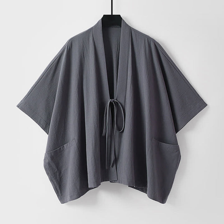 Buddha Stones Letnie, minimalistyczne, sznurowane, męskie kimono z krótkim rękawem i kieszeniami - DimGray - US/UK/AU40, EU50 (L) - image 0