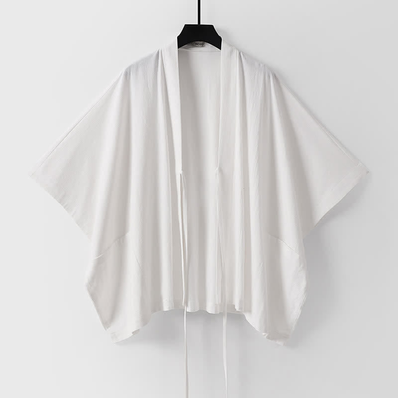 Buddha Stones Letnie, minimalistyczne, sznurowane, męskie kimono z krótkim rękawem i kieszeniami - image 14