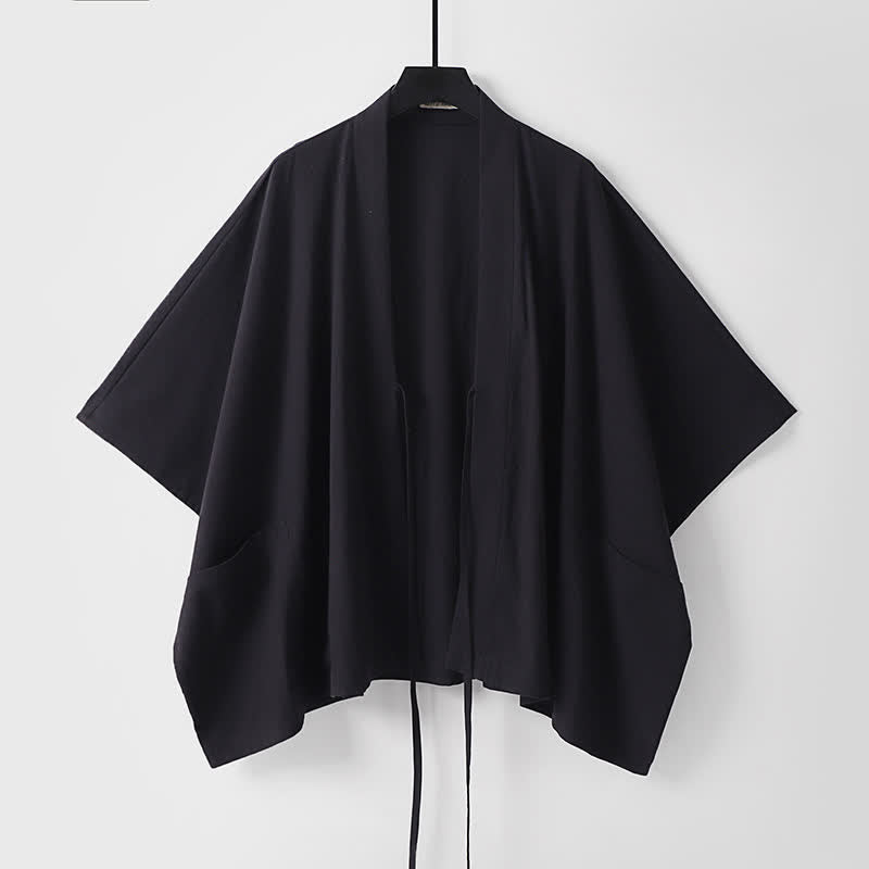 Buddha Stones Letnie, minimalistyczne, sznurowane, męskie kimono z krótkim rękawem i kieszeniami - image 3