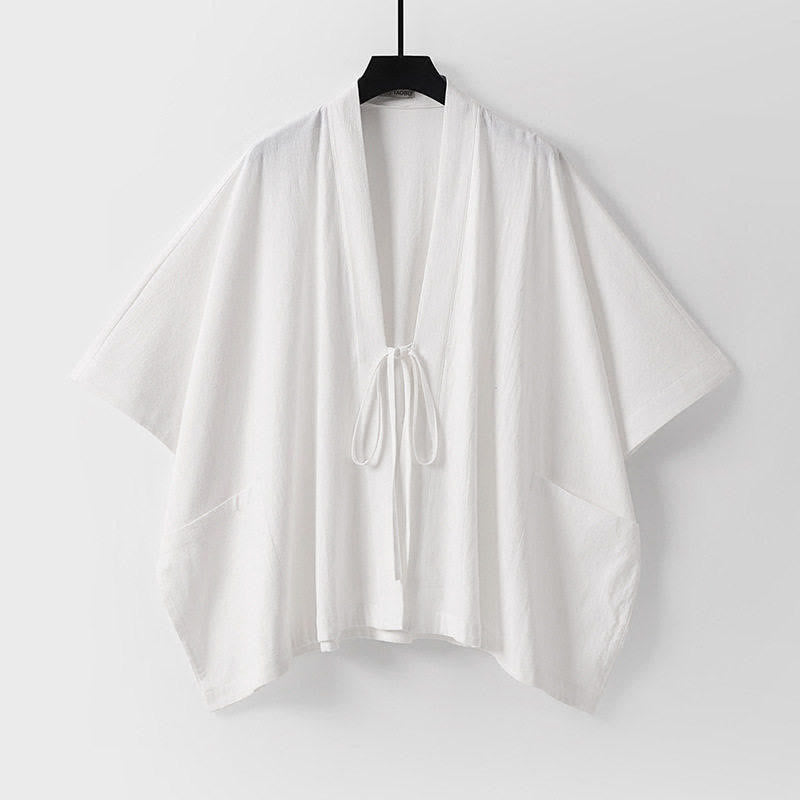Buddha Stones Letnie, minimalistyczne, sznurowane, męskie kimono z krótkim rękawem i kieszeniami - Biały - US/UK/AU40, EU50 (L) - image 13