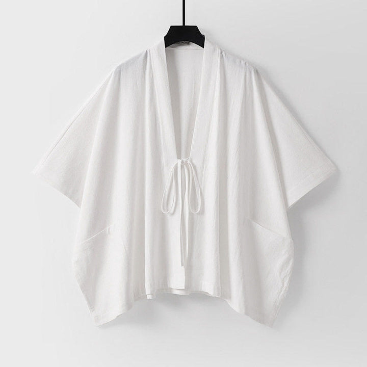 Buddha Stones Letnie, minimalistyczne, sznurowane, męskie kimono z krótkim rękawem i kieszeniami - Biały - US/UK/AU40, EU50 (L) - image 13
