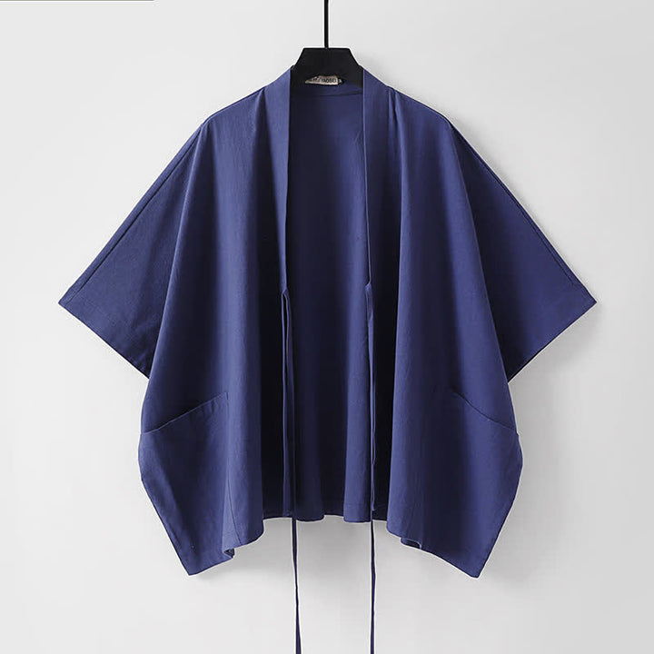 Buddha Stones Letnie, minimalistyczne, sznurowane, męskie kimono z krótkim rękawem i kieszeniami - image 5