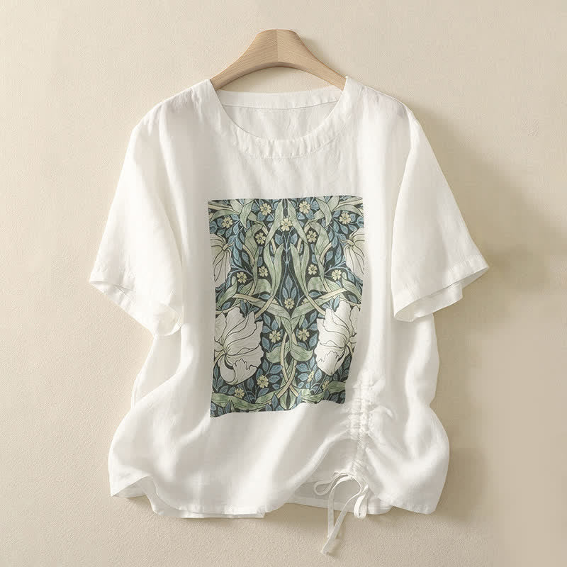 Buddha Stones Letnie, swobodne, vintage'owe, damskie koszulki z krótkim rękawem, ze ściągaczem i abstrakcyjnymi kwiatami - Biały - US8-10, UK/AU12-14, EU40-42 (2XL) - image 14