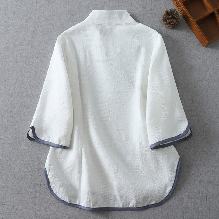 Buddha Stones Letnie koszule damskie w minimalistycznym stylu Tang z krótkim rękawem i kołnierzykiem typu stójka i guzikami typu żaba - image 8