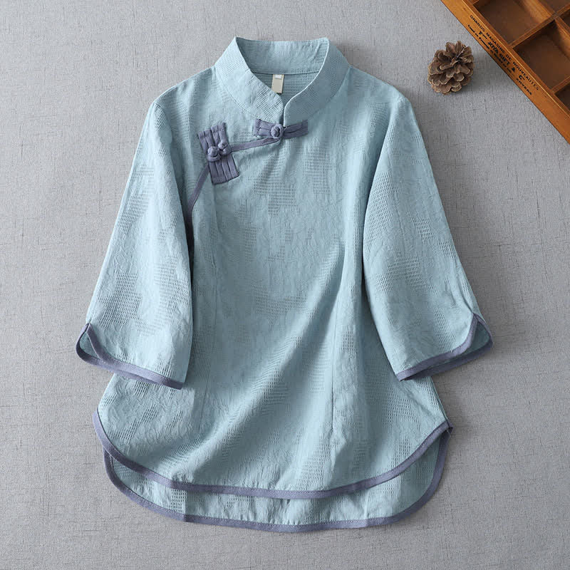 Buddha Stones Letnie koszule damskie w minimalistycznym stylu Tang z krótkim rękawem i kołnierzykiem typu stójka i guzikami typu żaba - PowderBlue - US12, UK/AU16, EU44 (3XL) - image 6