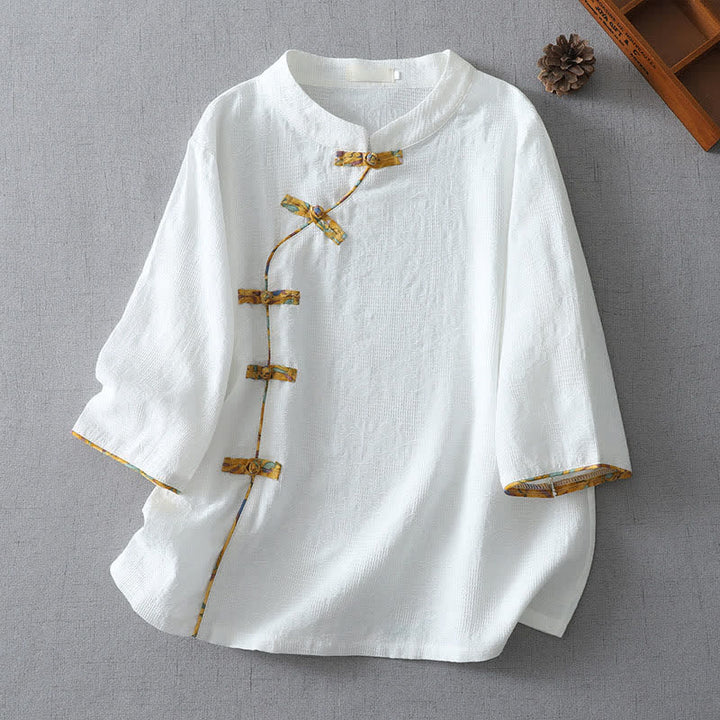 Buddha Stones Letnie koszule damskie w stylu Tang, swobodne, z guzikami typu żaba, z rękawami do łokcia - Biały - US8-10, UK/AU12-14, EU40-42 (2XL) - image 8
