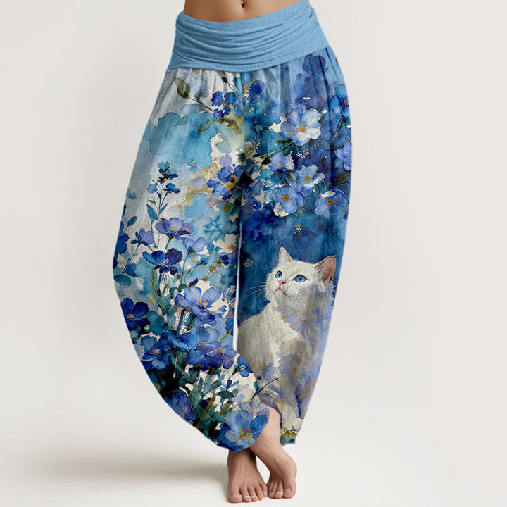 Buddha Stones Spodnie damskie harem z elastycznej talii z motywem kwiatowym i białym kotem z czystej bawełny - LightSkyBlue - US16, UK/AU20, EU48 (3XL) - image 0