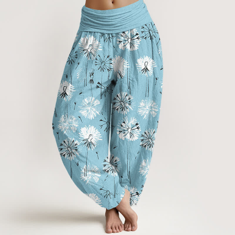 Buddha Stones Spodnie damskie haremki z elastycznej talii z czystej bawełny z wzorem dmuchawca - SkyBlue - US16, UK/AU20, EU48 (3XL) - image 0
