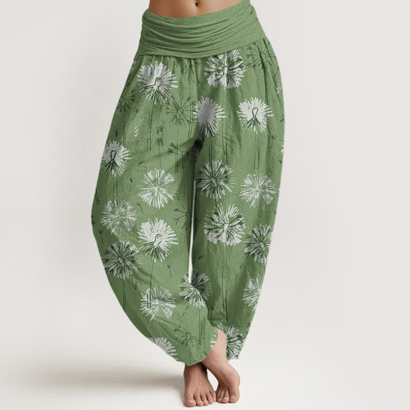 Buddha Stones Spodnie damskie haremki z elastycznej talii z czystej bawełny z wzorem dmuchawca - Oliwkowy - US16, UK/AU20, EU48 (3XL) - image 8