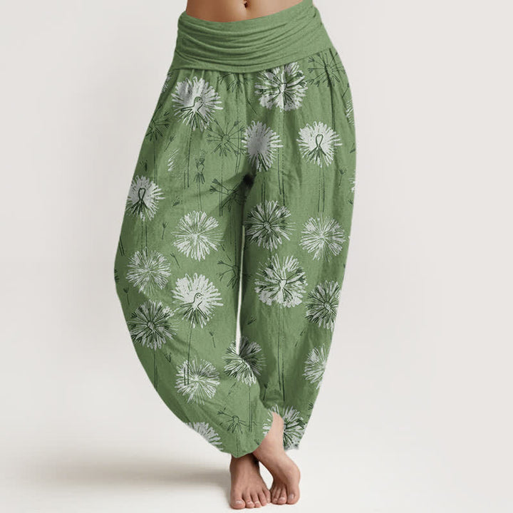 Buddha Stones Spodnie damskie haremki z elastycznej talii z czystej bawełny z wzorem dmuchawca - Oliwkowy - US16, UK/AU20, EU48 (3XL) - image 8