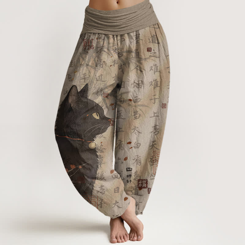Buddha Stones Spodnie damskie haremki z elastycznej talii z motywem czarnego kota z czystej bawełny - Dębnik - US16, UK/AU20, EU48 (3XL) - image 0