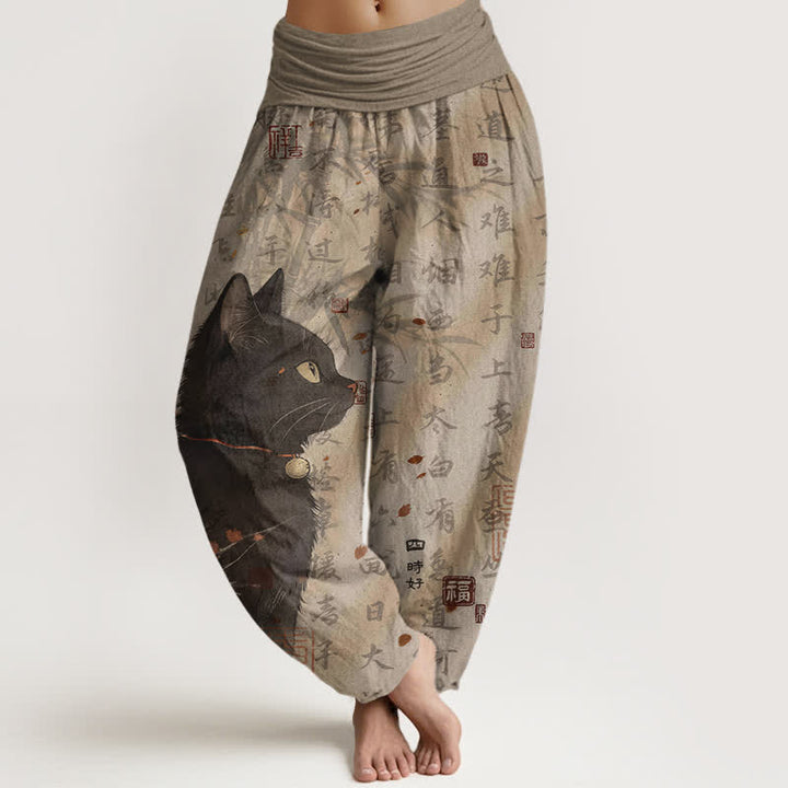 Buddha Stones Spodnie damskie haremki z elastycznej talii z motywem czarnego kota z czystej bawełny - Dębnik - US16, UK/AU20, EU48 (3XL) - image 0