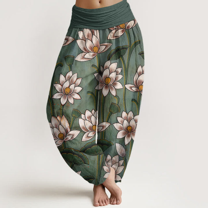 Buddha Stones Spodnie damskie typu harem z elastycznej talii z czystej bawełny w kwiaty lotosu - LightSeaGreen - US16, UK/AU20, EU48 (3XL) - image 0