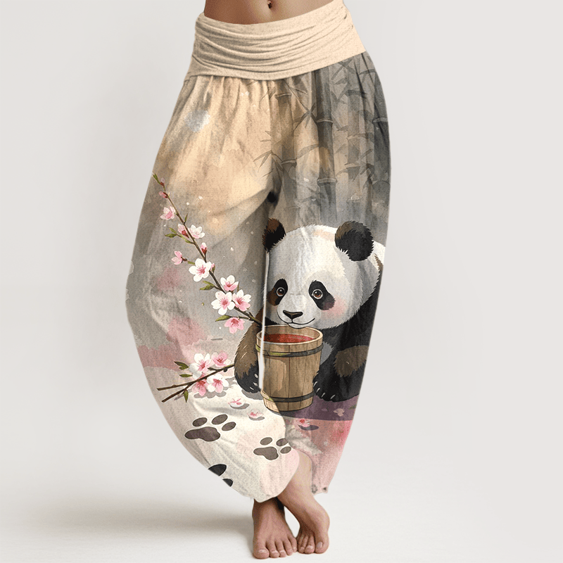Buddha Stones Spodnie damskie haremowe z elastycznej talii z czystej bawełny z motywem pandy i kwiatu bambusa - Pszenica - US16, UK/AU20, EU48 (3XL) - image 0