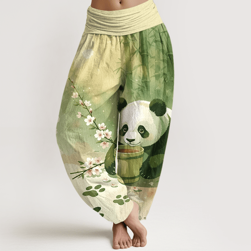 Buddha Stones Spodnie damskie haremowe z elastycznej talii z czystej bawełny z motywem pandy i kwiatu bambusa - Żółtozielony - US16, UK/AU20, EU48 (3XL) - image 5