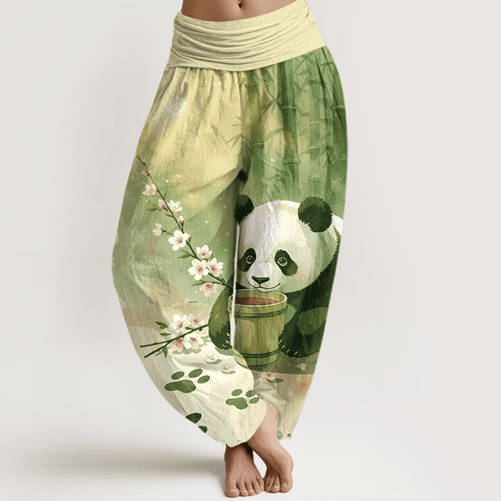 Buddha Stones Spodnie damskie haremowe z elastycznej talii z czystej bawełny z motywem pandy i kwiatu bambusa - Żółtozielony - US16, UK/AU20, EU48 (3XL) - image 5