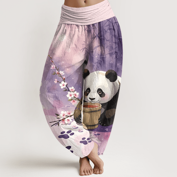 Buddha Stones Spodnie damskie haremowe z elastycznej talii z czystej bawełny z motywem pandy i kwiatu bambusa - Śliwka - US16, UK/AU20, EU48 (3XL) - image 8