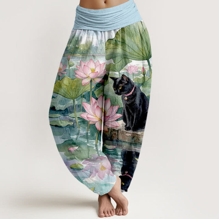 Buddha Stones Spodnie damskie harem z elastycznej talii z motywem czarnego kota i lotosu z czystej bawełny - Jasnoniebieski - US16, UK/AU20, EU48 (3XL) - image 0
